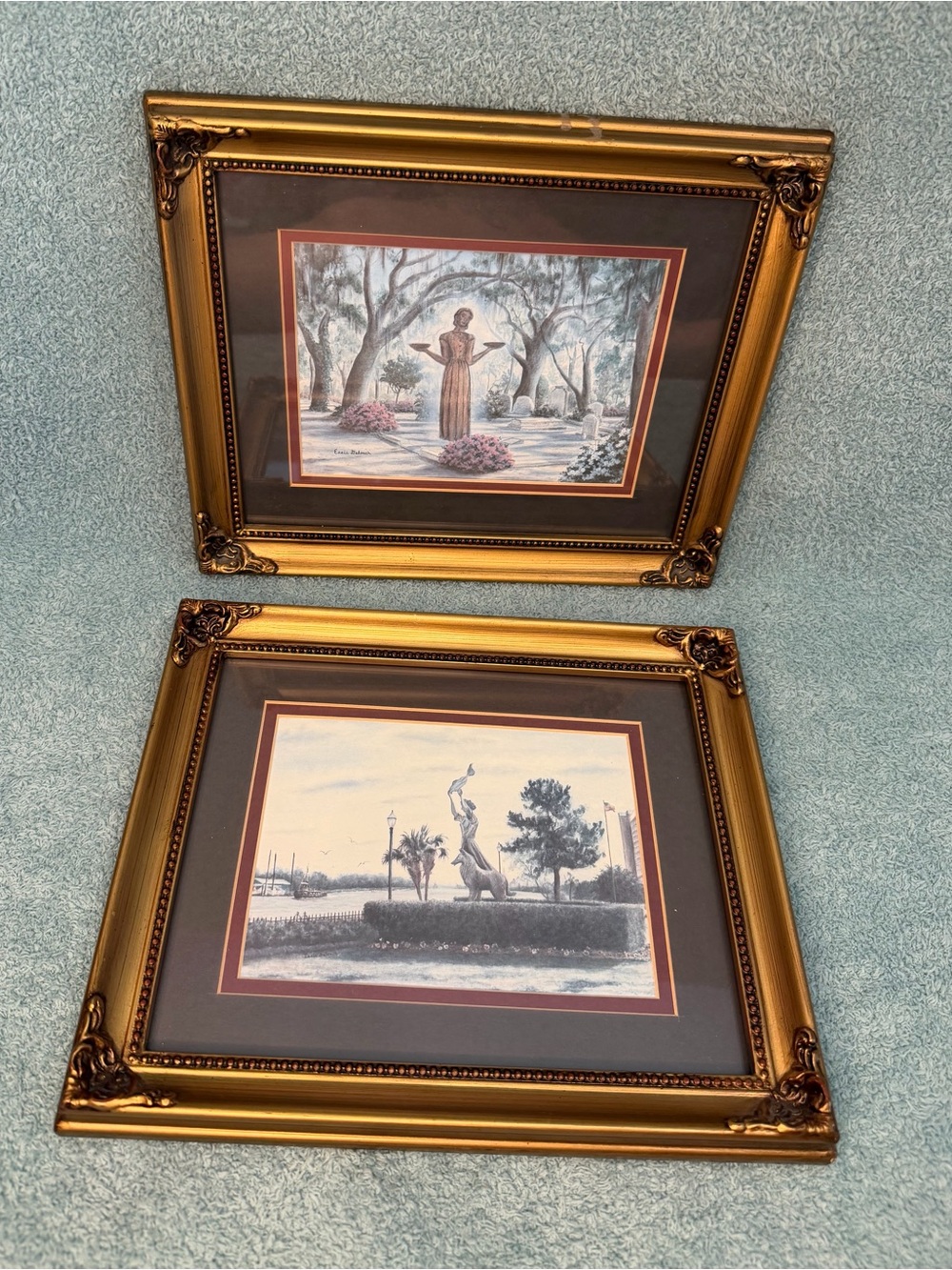 Essie DeLoach Savannah GA Framed Art Prints Set of 2 Bird Girl Waving Girl Gold